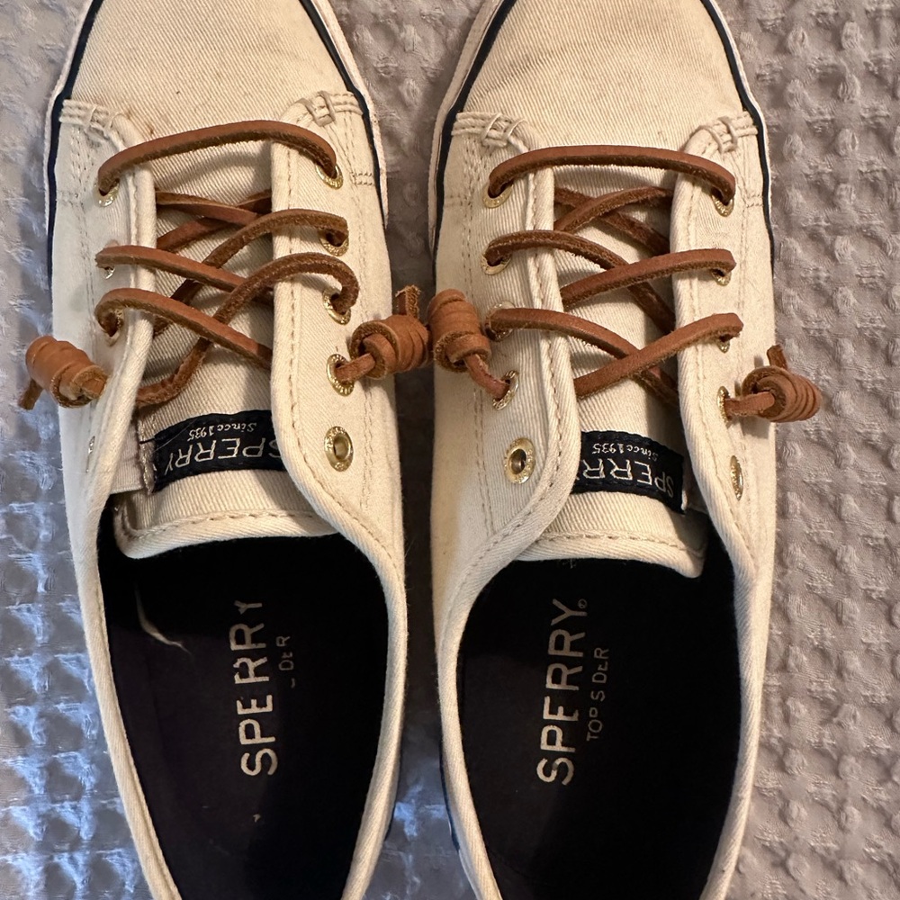 Sperry Off-White Canvas Shoes with Brown Laces